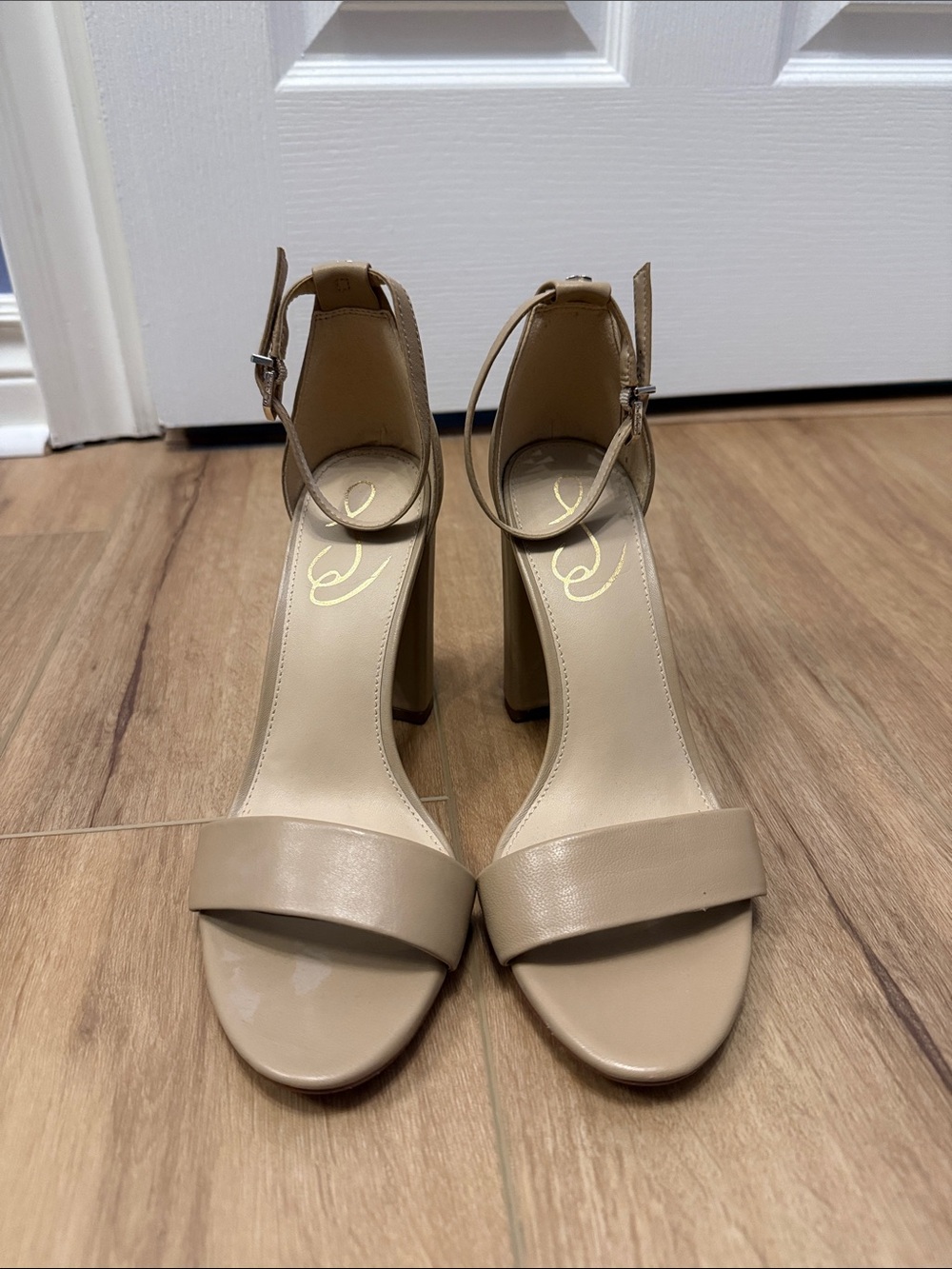 Sam Edelman Beige Ankle-Strap Block Heel Sandals